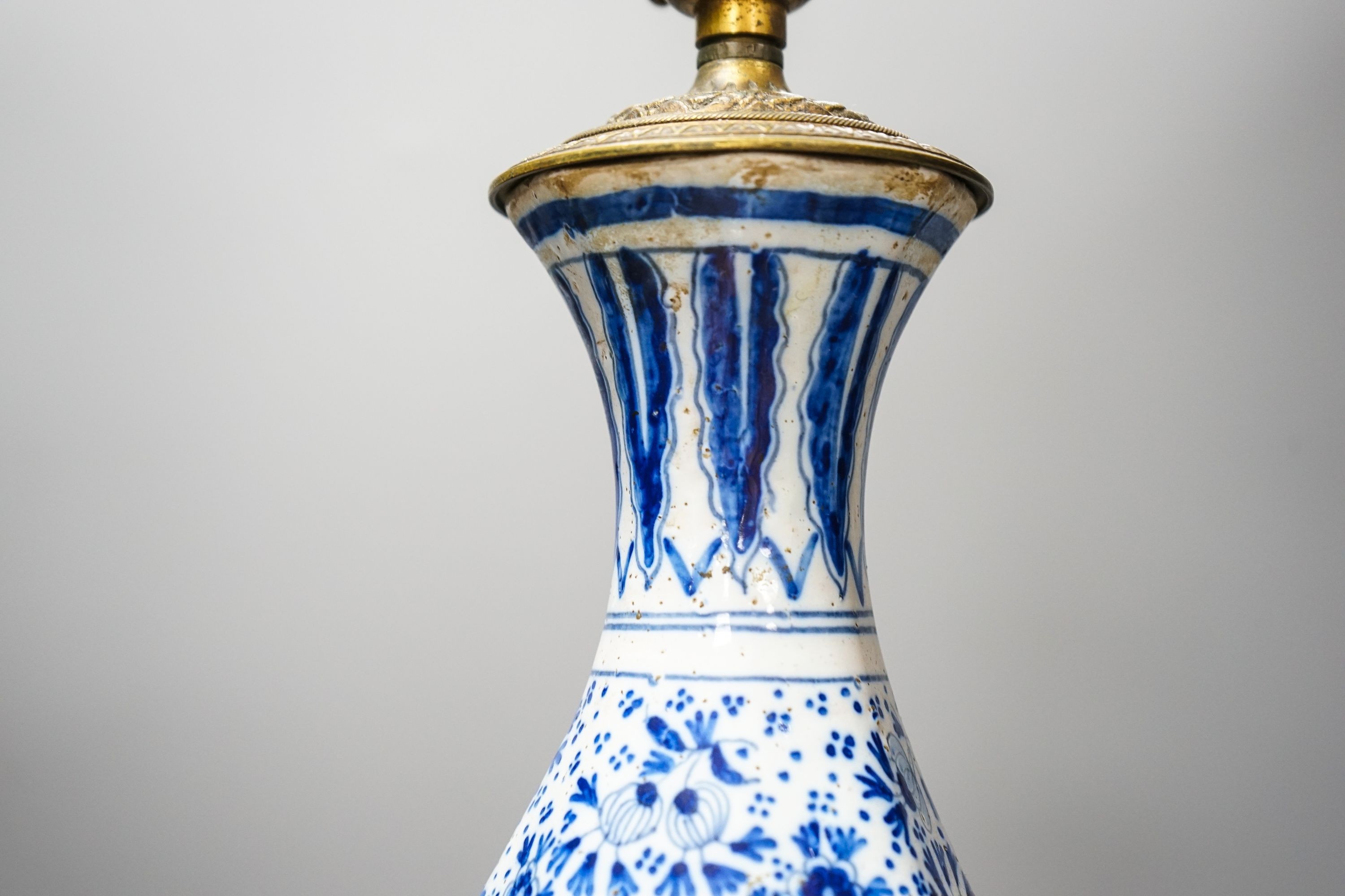 An 18th/19th century Delft blue and white octagonal double gourd vase, mounted as a lamp 50 cm